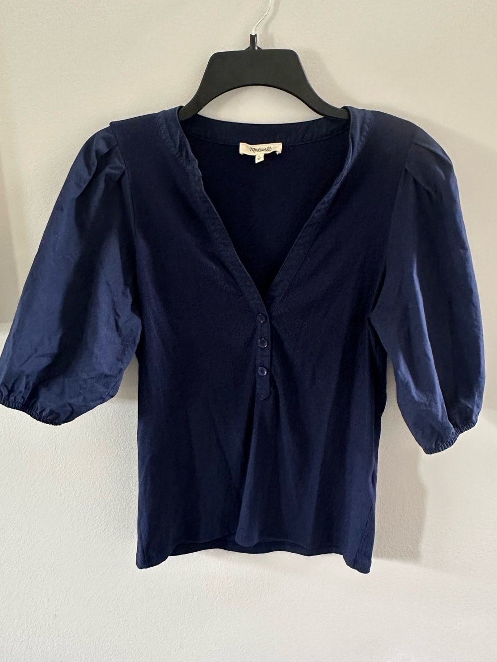 Madewell Navy Puff Sleeve Henley Top Cotton Large - Picture 2 of 6